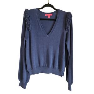 Lilly Pulitzer Women's Sweater  Blue Long Sleeve Fringe Shoulder V-Neck  Size XL